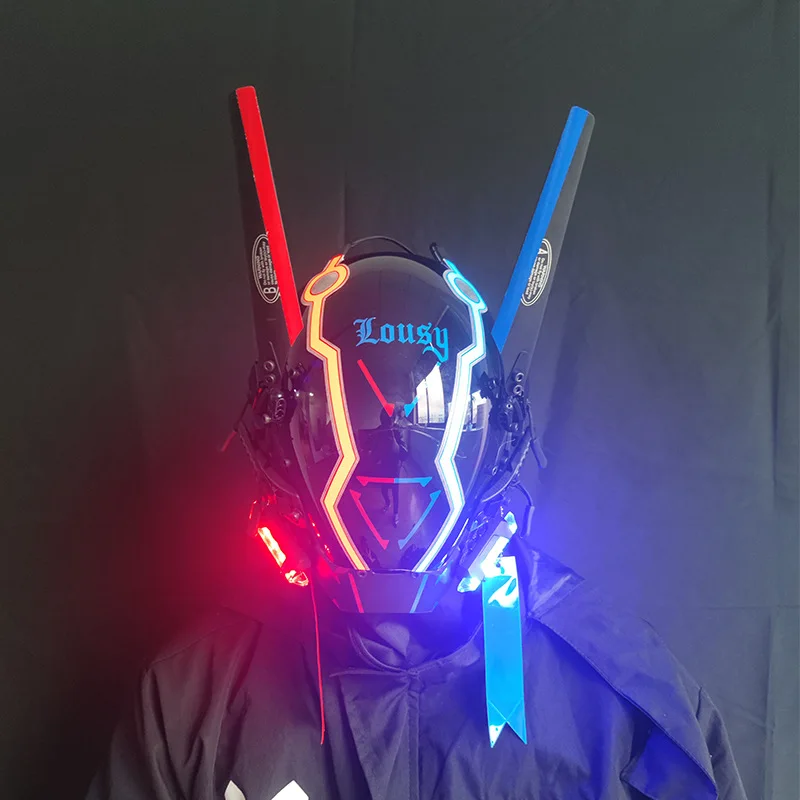 

Light Shinobi Samurai Mask Cyberpunk Helmet Cosplay Dreadlocks Cool Mask With Led Braids Christmas Halloween Gift Dreads Wings