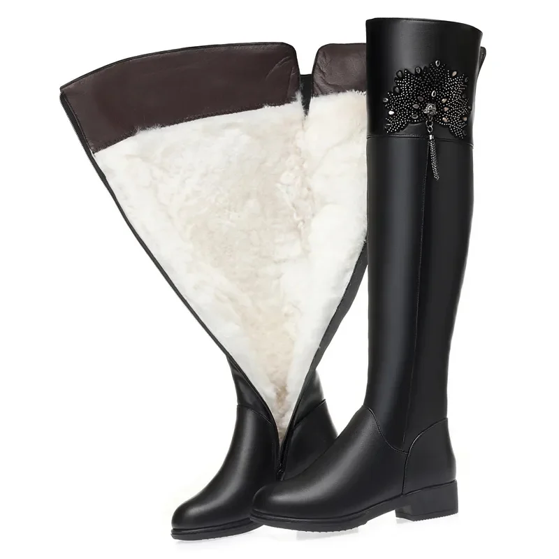 

Winter Thigh High Boots Women Genuine Leather Natural Wool Women Long Boots High Heels Large Size Women Over Knee High Boots