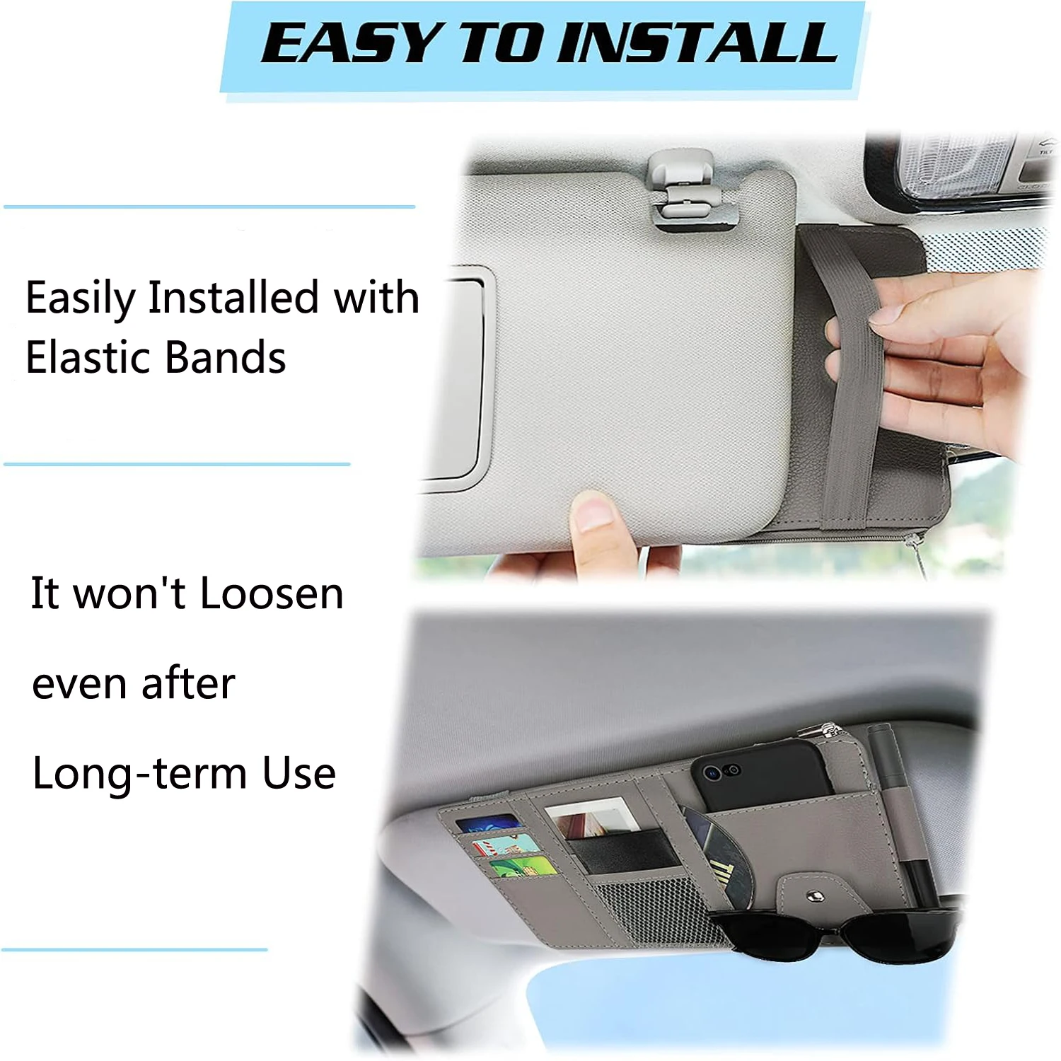 Car Sun Visor Organizer Sunshade Storage Bag PU Leather Multi-Pocket Net Zipper Car Sun Visor Organizer Sunglasses Holder for Car Interior Accessories