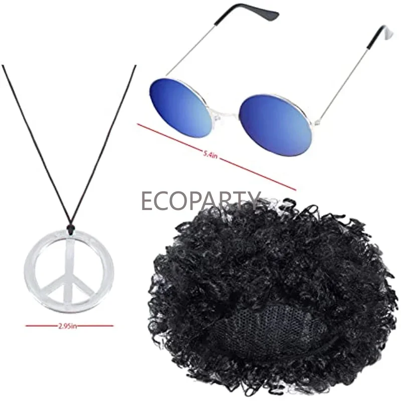 Costume Hippie Anni '70 - Parrucca, Occhiali, Collana Pace, Fascia
