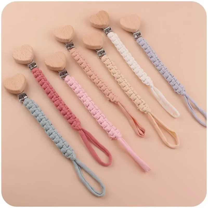 New Baby Beech Wood Pacifier Clip Handmade Crochet Cotton Rope Nipple Chain For Baby Nursing Chew Toy Shower Gift Soother Chain