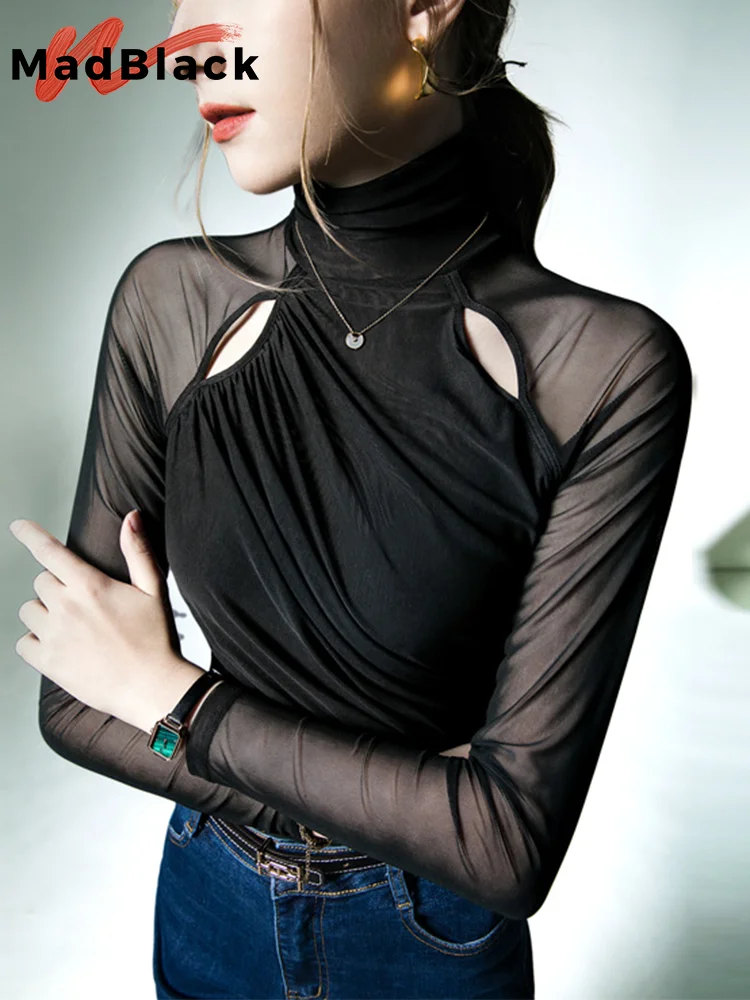 

MadBlack European Clothes Tshirt Women Sexy Turtlenecks Sheer Ruched Slim Mesh Tops Long Sleeve Tee Autumn Spring 2023 T39859JM