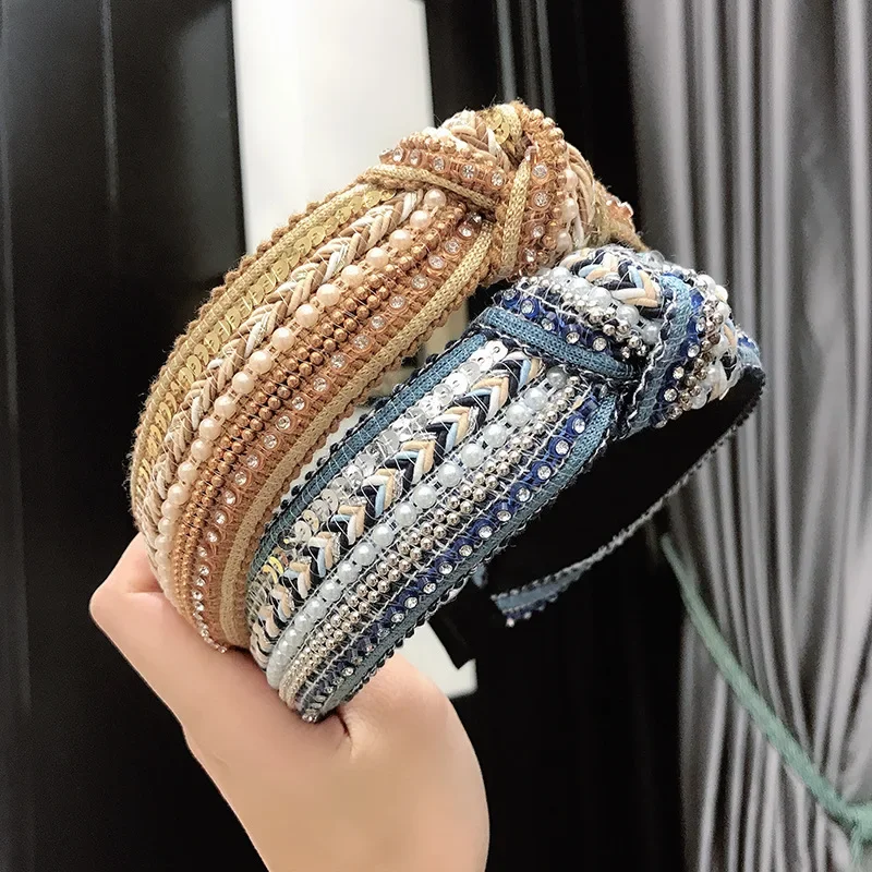 

Korean Autumn and Winter New Retro Ethnic Air Drill Knotted Headbands Rhinestone Pearl Face Wash Hair Bands Women