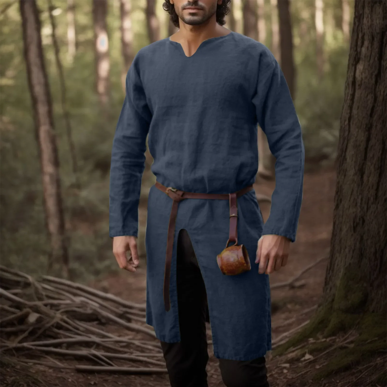 Medieval Renaissance Retro Cosplay Costumes Linen Shirt Tops Tunic Male Long Robes Dress Vintage Jackets Knight Vikings Pirate