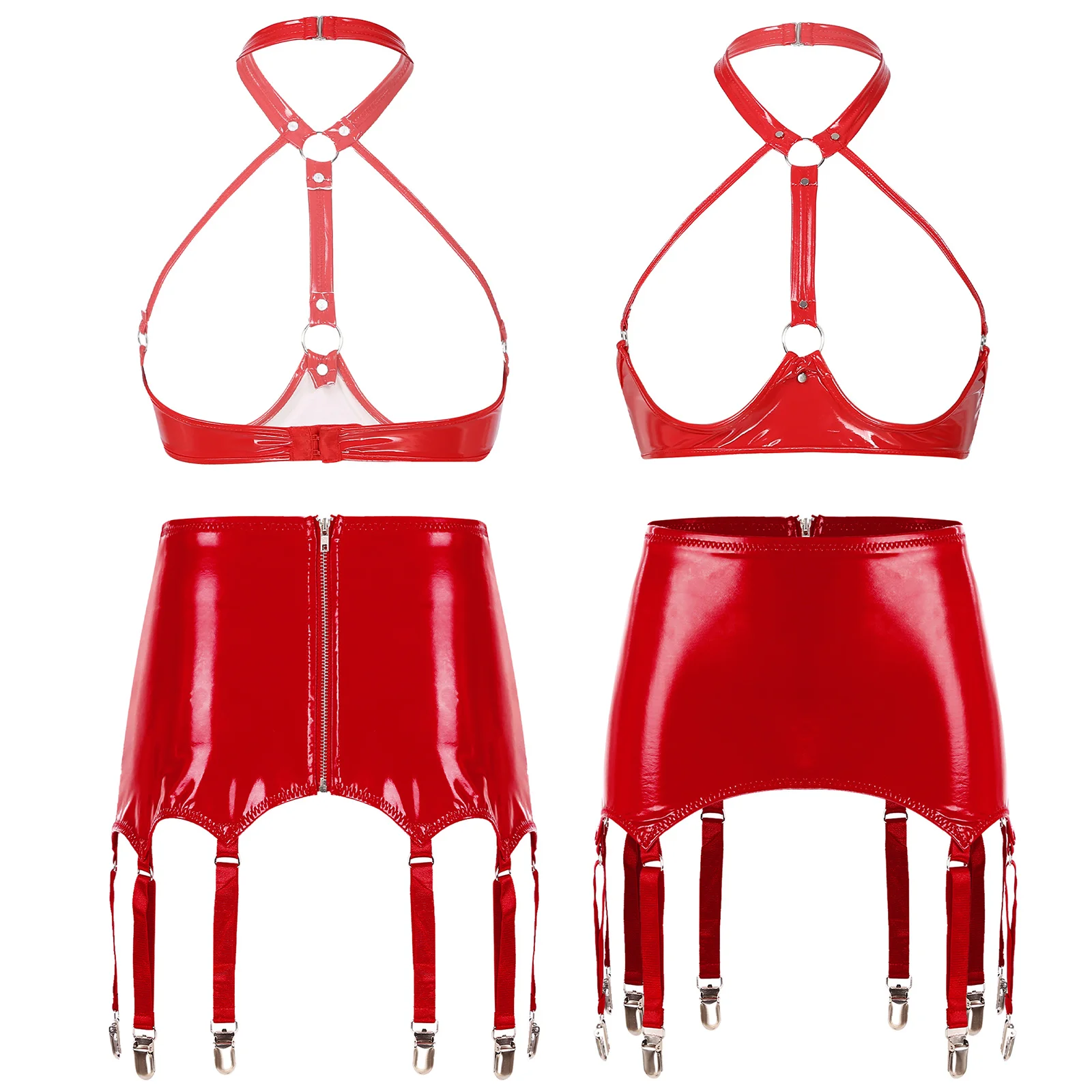 thumbnail image 1 of Conjunto de lencería Sexy de charol con aspecto mojado para mujer, cuello Halter, espalda descubierta, busto abierto, copas abiertas, sujetador, Tops con ligas con cremallera, ropa para discoteca, 1 of 5