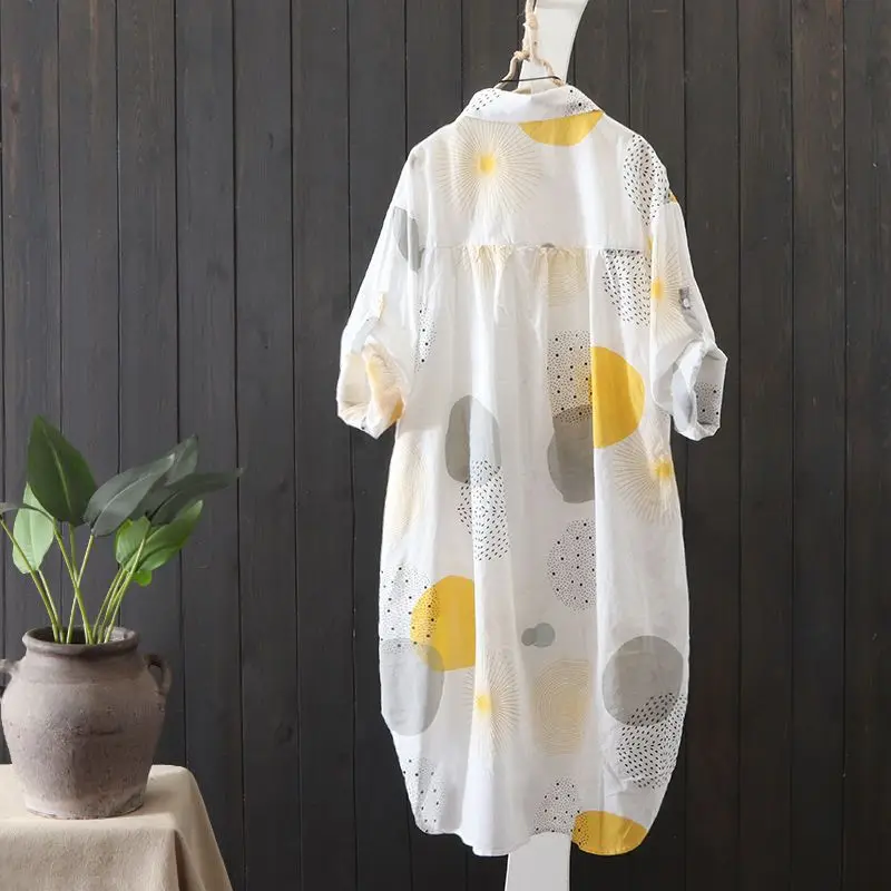 Fashion Plus Size Patchwork Pockets Women Blouses Office Lady Spring Autumn Polo-Neck Printing Long Sleeve Button Midi Shirt