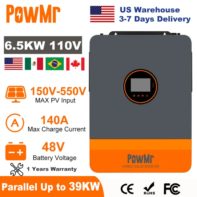 PowMr 6.5KW แยกเฟสอินเวอร์เตอร์ 48V 110V 220V พร้อม MPPT 140A พลังงานแสงอาทิตย์แบตเตอรี่ Charger Dual Input Parallel สูงสุด 6 หน่วย RS485 สามารถ 1