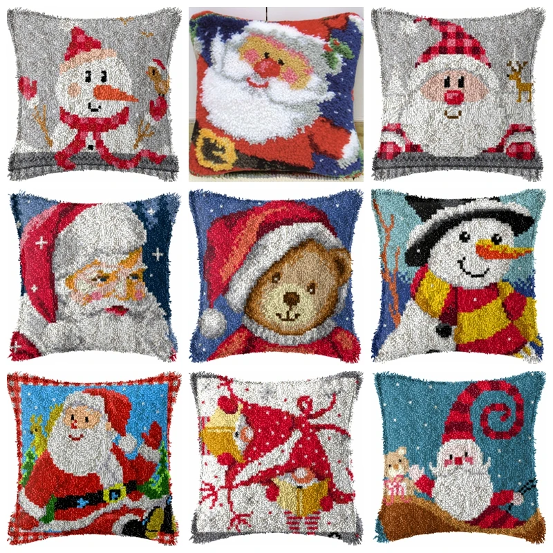 

Santa Claus Series Segment Embroidery Pillow Christmas Coarse Wool Cross Stitch 3D Latch Hook Rug Pillowcase Kit DIY Carpet