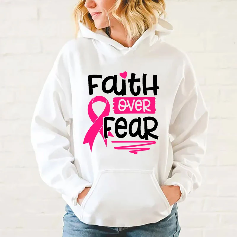 thumbnail image 1 of Nuevas sudaderas con capucha de moda para mujer con estampado de concientización sobre el cáncer de mama, fe sobre el miedo, sudadera unisex de manga larga, camisetas casuales, 1 of 4