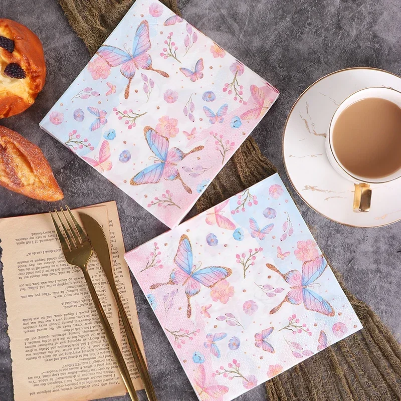 Paper Napkins 10/20pcs/Pac Colored Printed Paper Napkins Birthday Wedding Party Pure Wood Pulp Paper Butterfly 2-Ply Wine Glass Folding