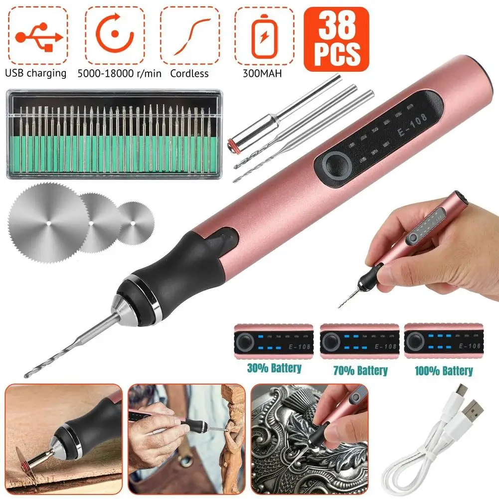 38pcs Electric Engraving Pen With Drill Bits 3 Levels Adjustable Speed USB Charging Wireless Engraver Engraving Tool 3 7v cordless grinder electric drill rotary tool 3 speed adjustable mini engraving pen cutting polishingwith dremel accessories