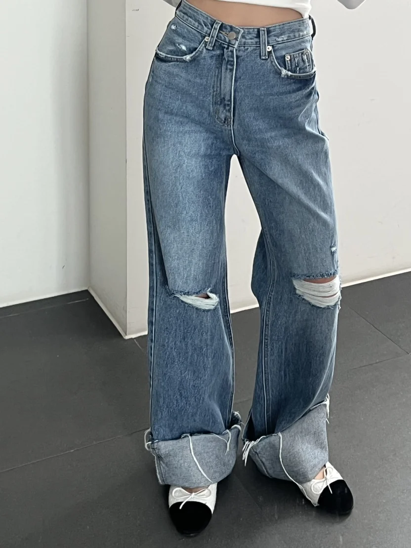 

Korean Harajuku High Waist Holes Straight Jeans For Women Solid Denim Ripped Loose Pants Female Summer Jean Blue Trousers N37