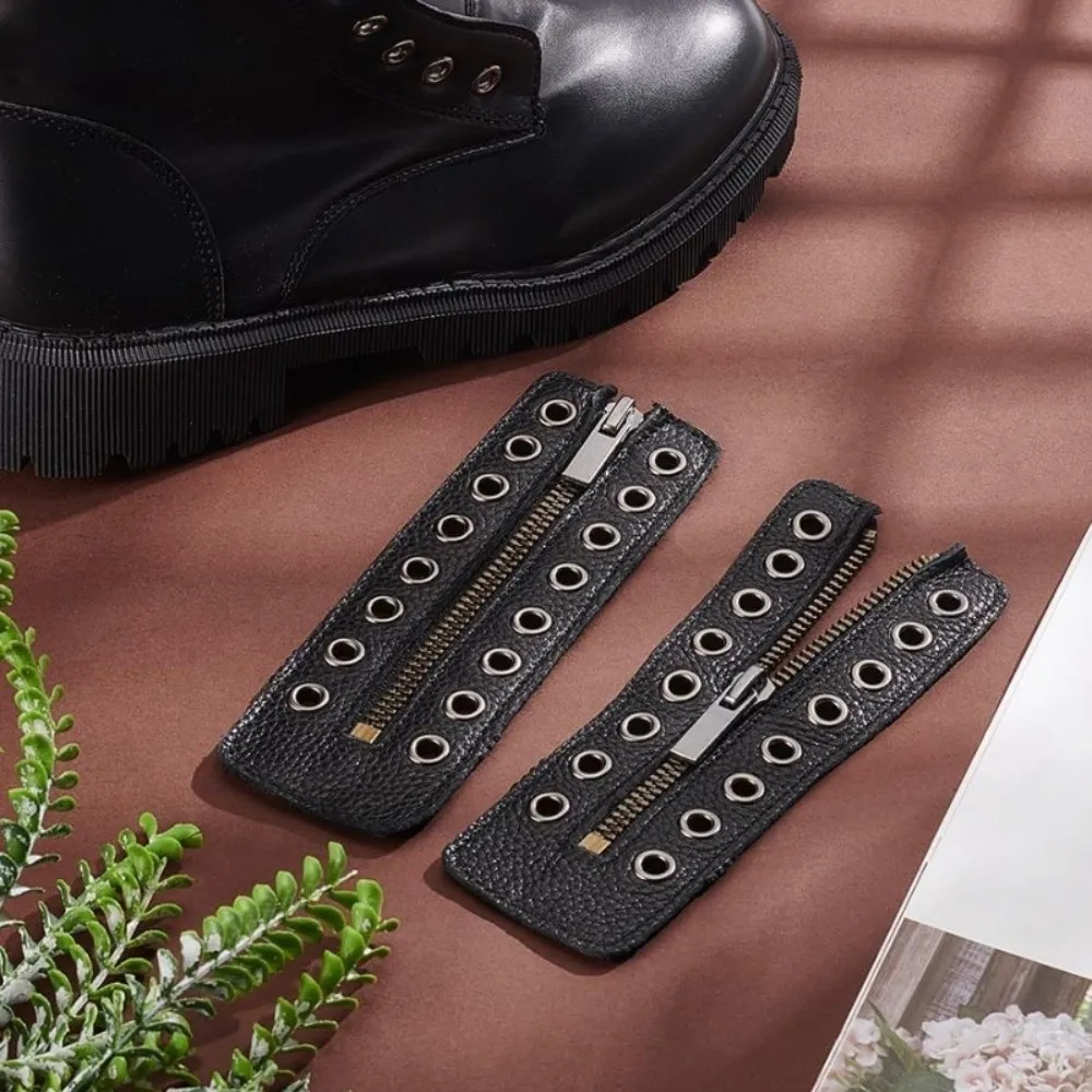 Schwarze Leder-Schnürstiefel-Einsätze mit Reißverschluss, 8 Löcher, verstellbarer Reißverschluss, Stiefelschnürsenkel, Metallösen, Schuhzubehör, keine Schnürsenkel zum Binden – Detail 4