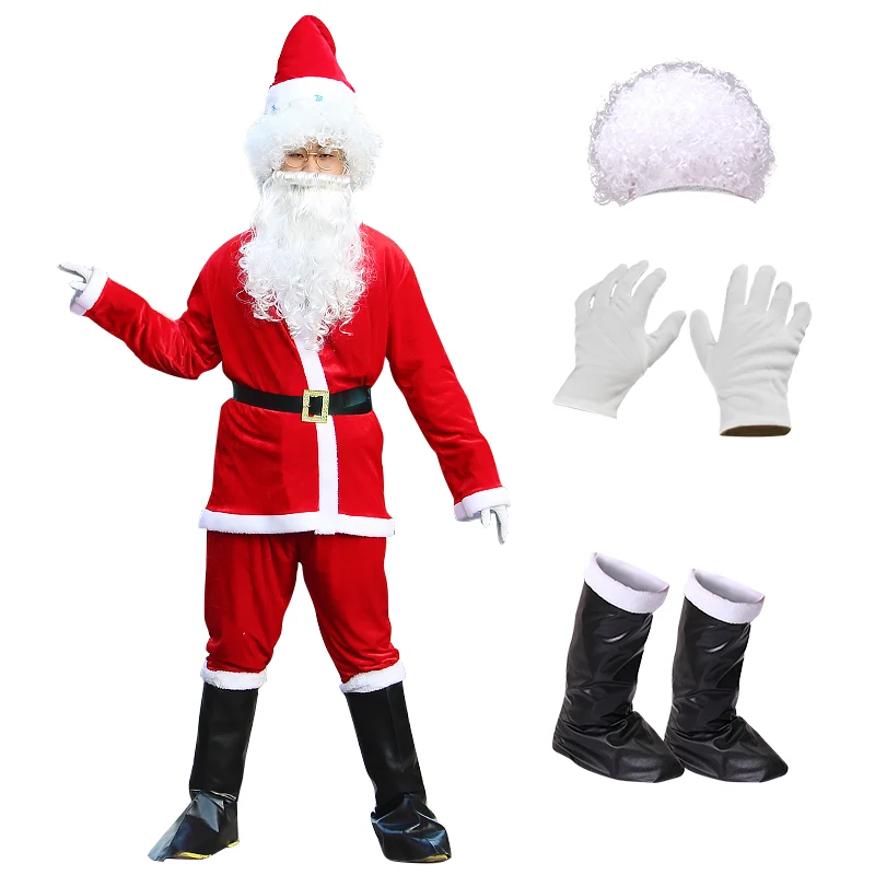 

Christmas Santa Claus Costume Men's Role Playing Santa Claus Suit White Beard Hat Wig Belt Leather Boots Suit Adult