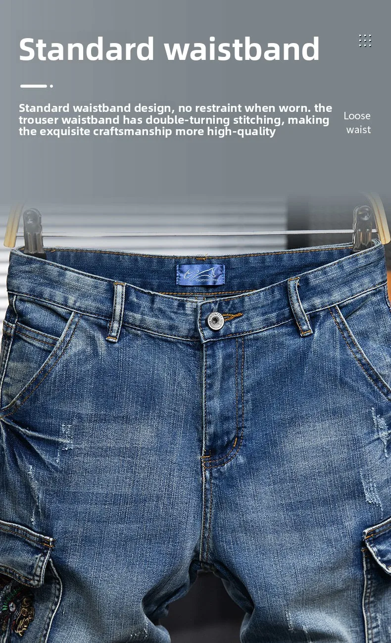 Embroidery Multi-pocket Denim Shorts Men's Pants Large Size Loose Outer Wear Medium Pants Summer Cargo Jeans Denim Short Men