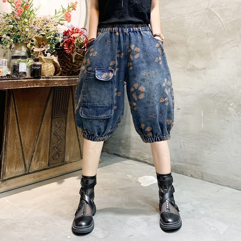 Women Summer Denim Shorts  Baggy Pants 2022 Vintage Floral Printed Knee Length Wide Leg Harem Trousers Casual Mom Jeans