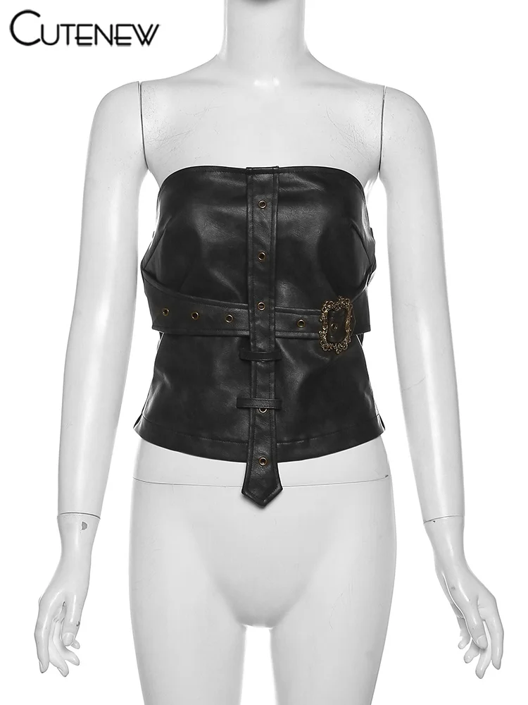 Solid Sexy Off-Shoulder Women Crop Top Vest Casual Strapless Black PU Leather Streetwear Club Party Lady Tank Top Autumn