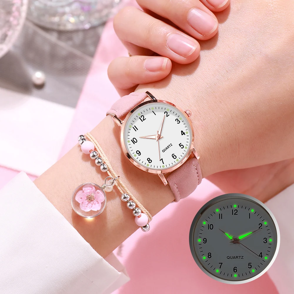 

Women Watch With Bracelet Luxury Ladies Fashion Wristwatch Japan Movement Leather Strap Gift For Female Quartz Watch Luminous