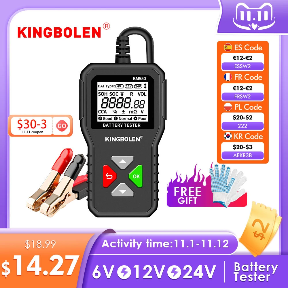Battery Tester Tools KINGBOLEN BM550 6V 12V 24V Automotive Diagnostic