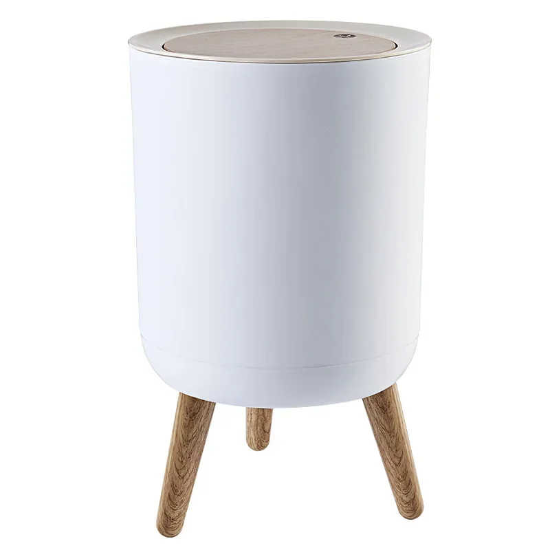 

Household Tall Wood Grain Trash Can Bathroom Bedroom Study Office Trash Can Push-type Storage Bin