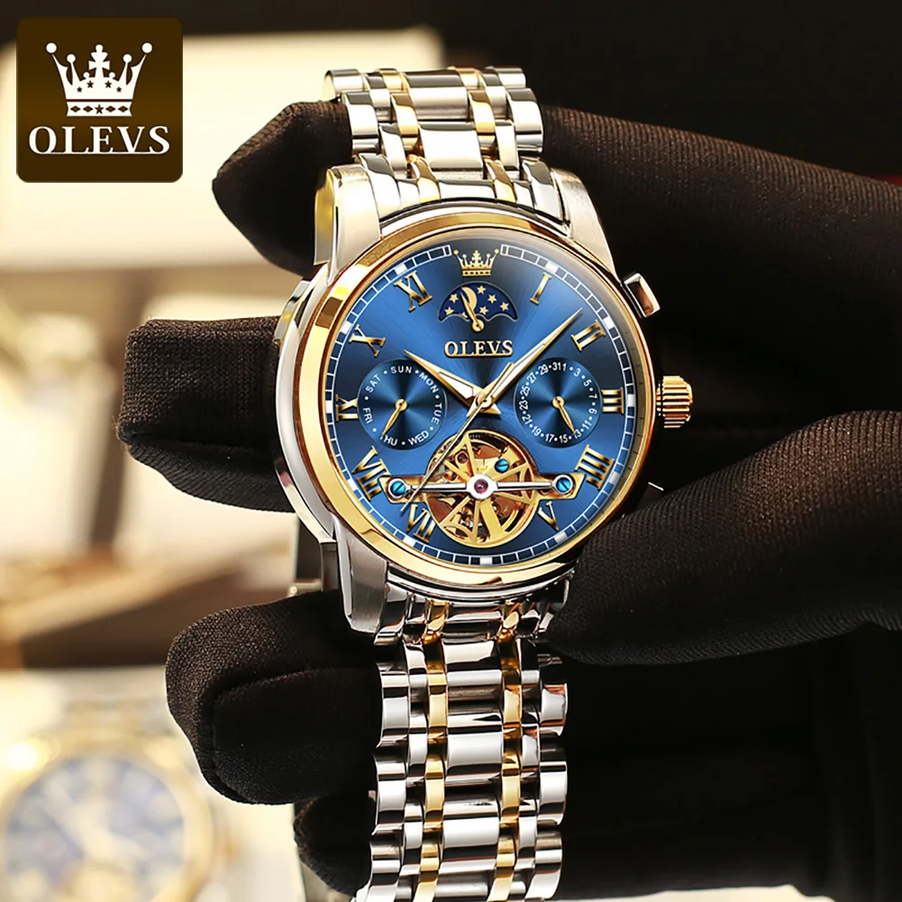 

OLEVS Top Men's watches Moon Phase Calendar Week Fully Aautomatic Mechanical Watch Waterproof Luxury Original Male Wristwatch