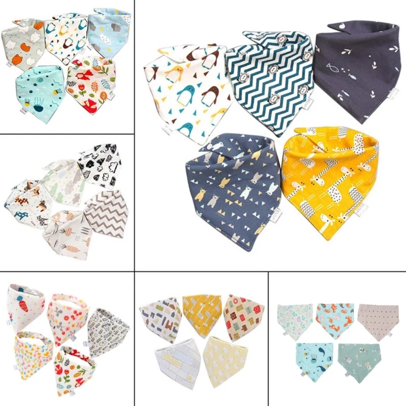 

N80C 5pc Toddler Feeding Bib Apron Soft Cotton Saliva Towel Feeding Burp Cloth Bandana Scarf with Buckle for Boys Girls
