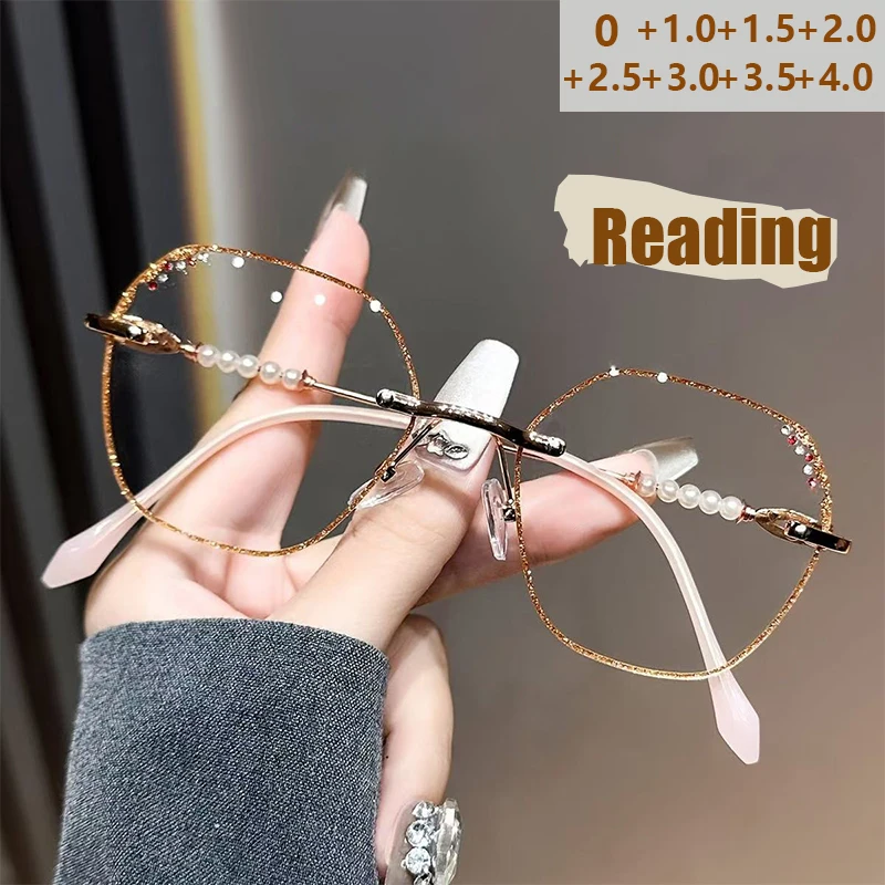 Frameless Reading Glasses Popular Fashion Diamond Cut-edged Pearls Large Frame Hd Anti-blue Light Reading Glasses JH238