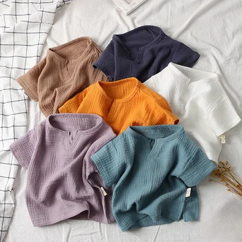 0-8Yrs 100%Cotton Children's T-shirt for Boy and Girls Muslin Tops Shirts 2025 V Neck Short Sleeve Boys Tees Kids Girls Clothes