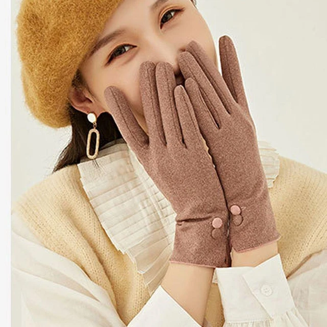 Women Autumn Winter Velvet Cashmere Full Finger Warm Gloves Button  Embroidery Touch Screen Driving Mitten - AliExpress