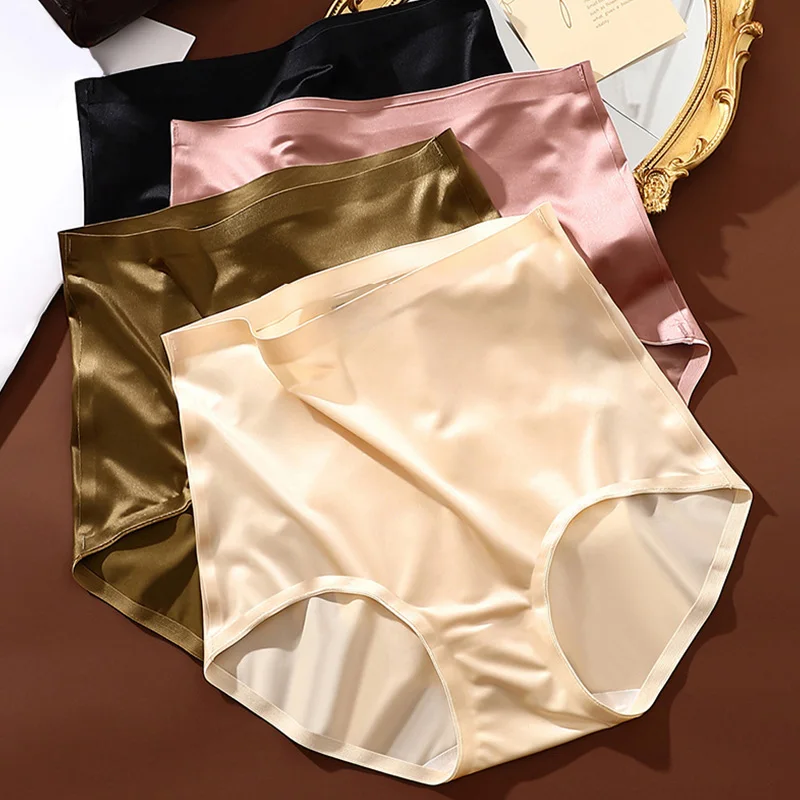 Luxury Satin Women Panties Mulberry Silk Crotch High Waist Seamless Underwear Tummy Control Anti-Bacterial Underpants Breifs