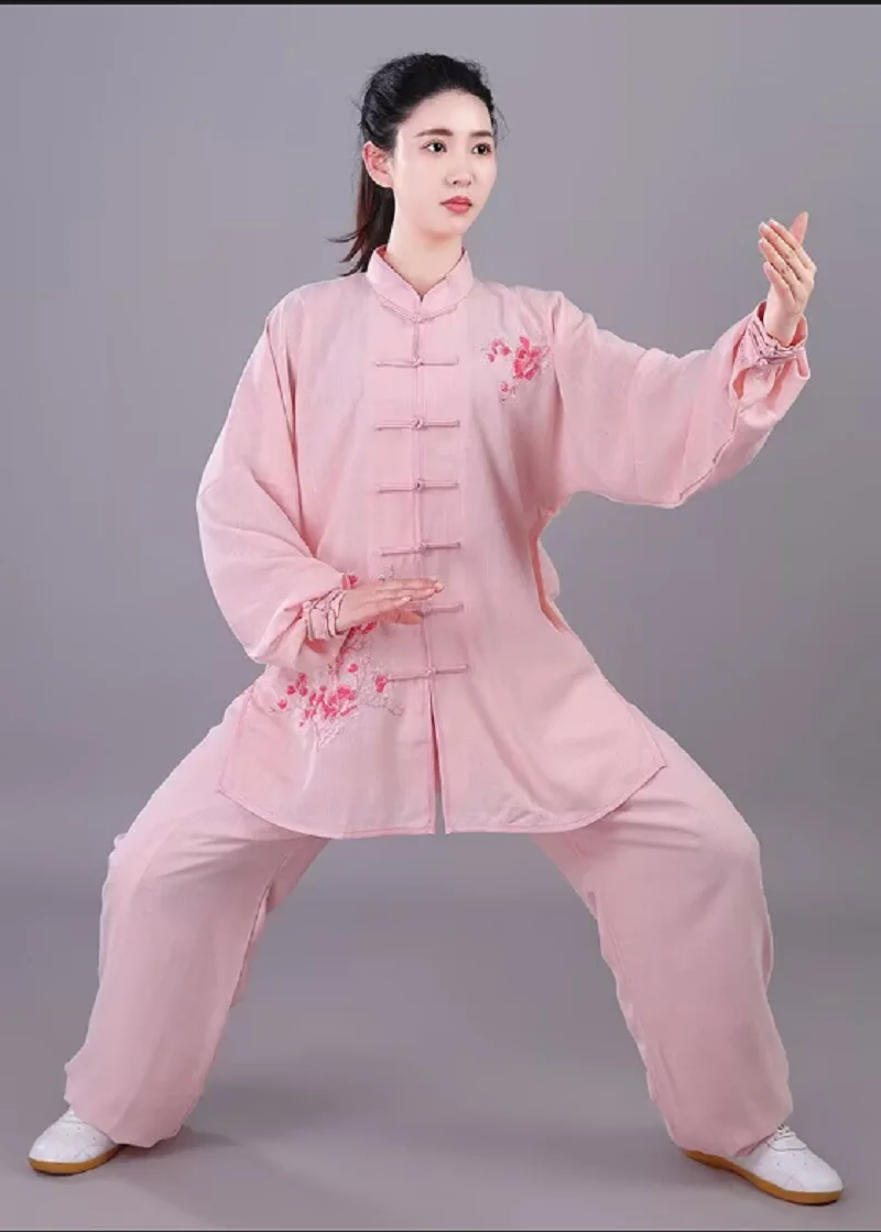 New Chinese Style Embroidery Flower Cotton Tai Chi Clothing Chinese Kung Fu Martial Arts Suit Fashion Sport Jacket Pants Sets