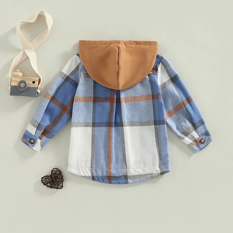 Kid Boys Shirt Coat Autumn Clothing Toddlers Plaid Patchwork Long Sleeve Tops Children Casual Hooded Outwear