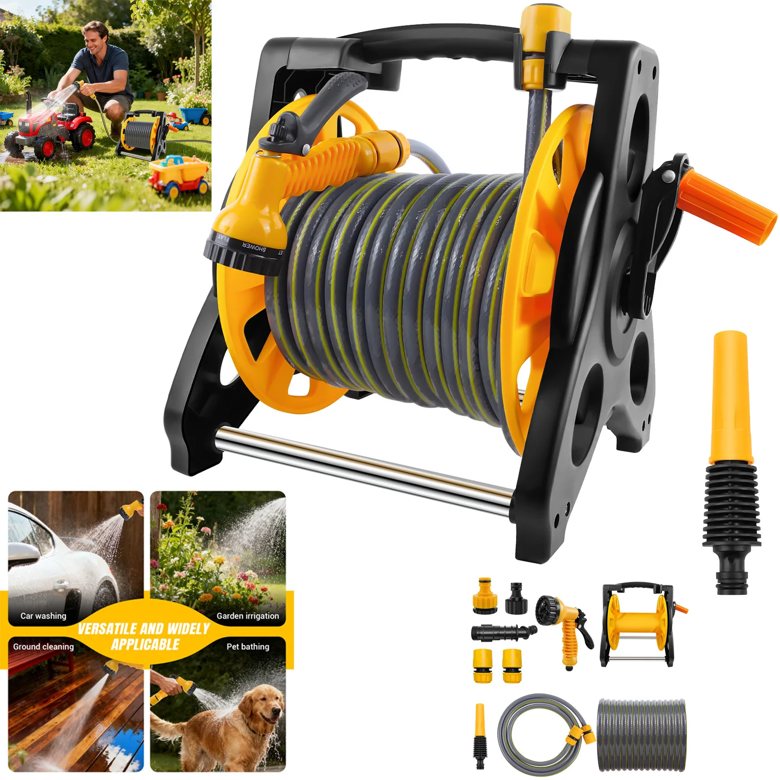 Avvolgitubo Automatico Da Parete 25m Con Ugello Spray 8 In 1 – Riavvolgimento Automatico, Rotazione 180°, Tubo In PVC Rinforzato - 2