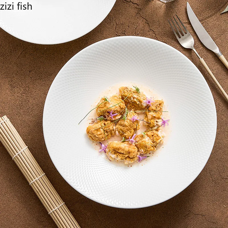 Pure White Ceramic Vegetable Salad Plate Round Deep Plate Thick Soup Pasta Fruit Plates Restaurant Specialty Tableware