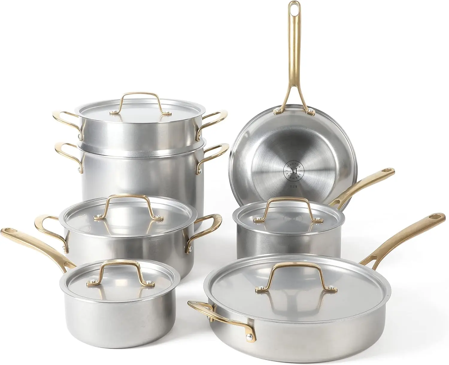 

MARTHA STEWART Vintage 18/8 Triply Stainless Steel 12 Piece Cookware Set w/Gold Handles