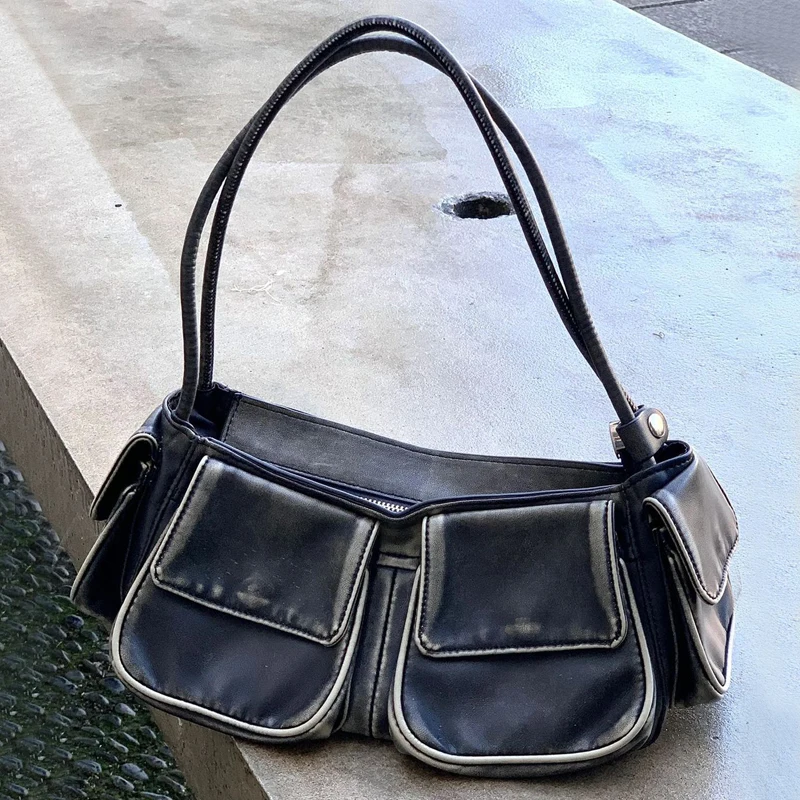 

Moto & Biker Bags For Women Luxury Designer Handbags Purses 2023 New In PU Distressed Washed Leather Multiple Pockets Shoulder