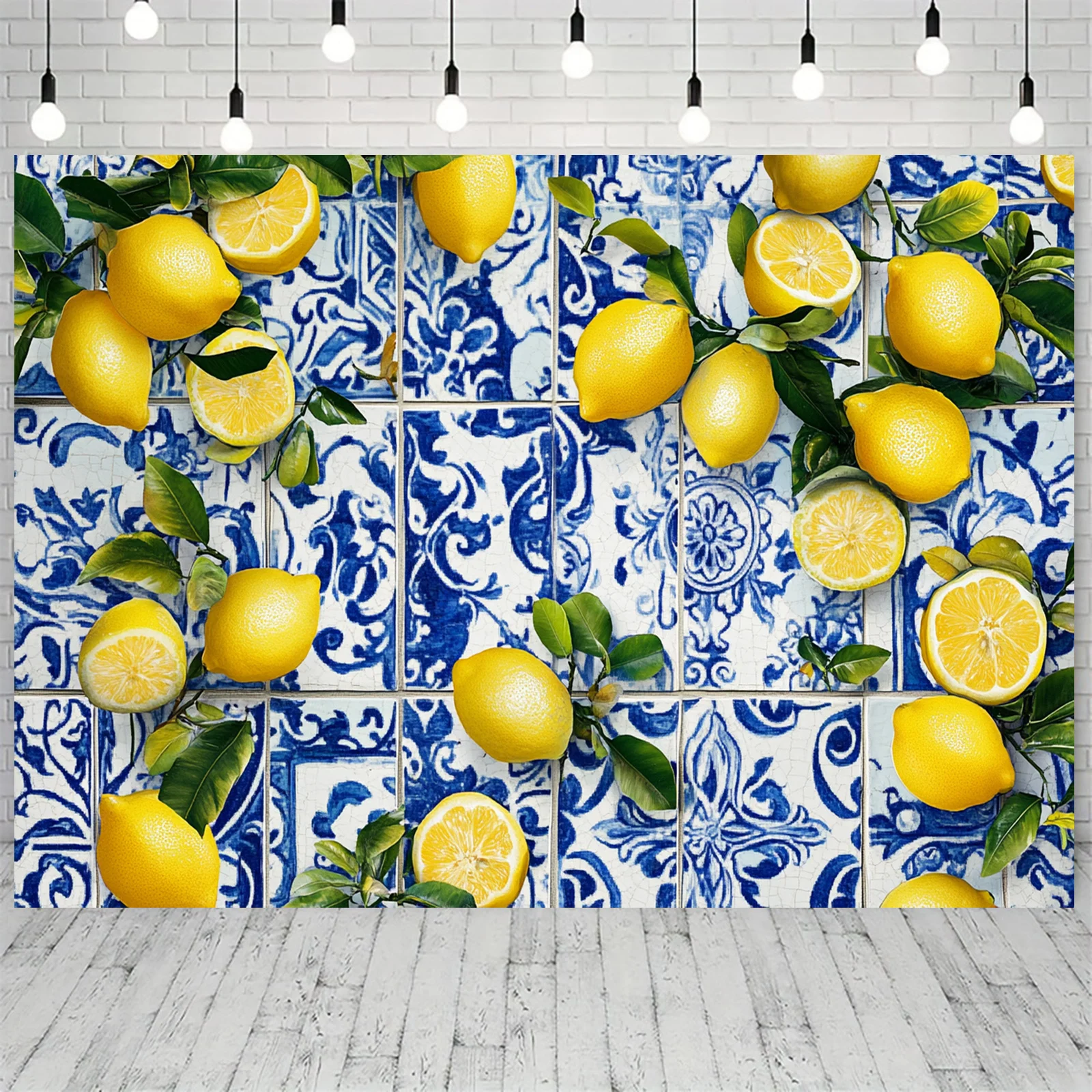Partyhintergrund mit Zitronenmotiv – blaues Fliesendesign, geeignet für Geburtstagsfeiern, Duschpartys und Dessert-Tischdekorationen