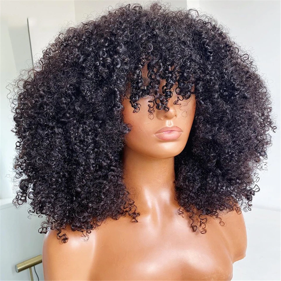 Parrucche di capelli umani afro ricci e crespi in stile mongolo con frangia, realizzate a macchina senza colla, taglio corto 4B 4C, stile bob o pixie cut. - immagine 4