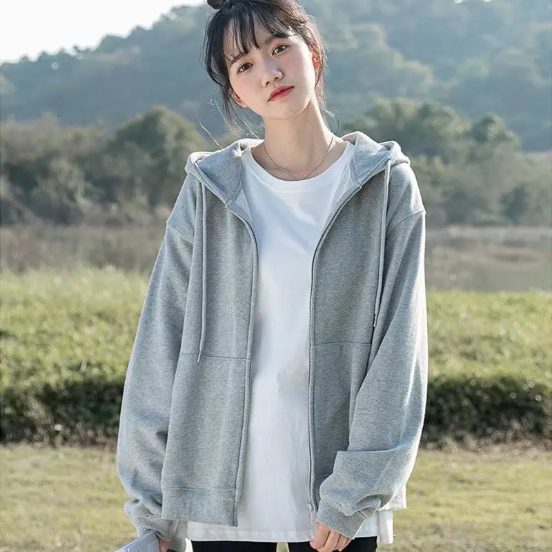 女性用フード付きスウェットシャツ,グレーの婦人服,ジッパー付き