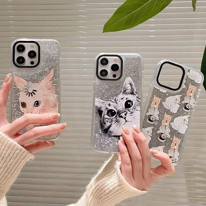Transparent Border Silver Quicksand Cat Coffee iPhone 12 13 14 15 Pro Max Case - Protective iPhone Case