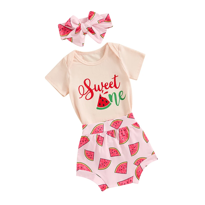 

Baby Girls Shorts Outfits Letter Print Short Sleeve Romper with Watermelon Pattern Shorts and Heaband 3 Pcs Set