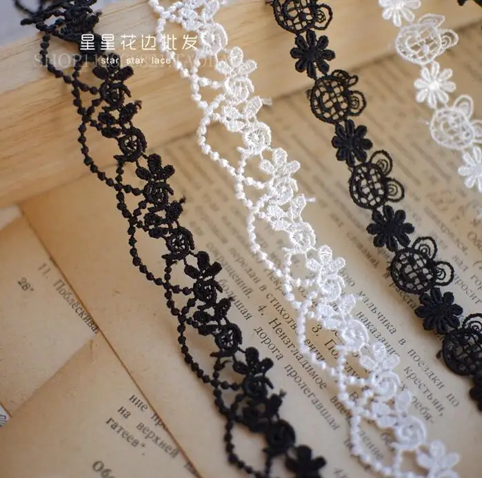 Elegant White and Black Floral Embroidered Lace Trim - 5 Yards