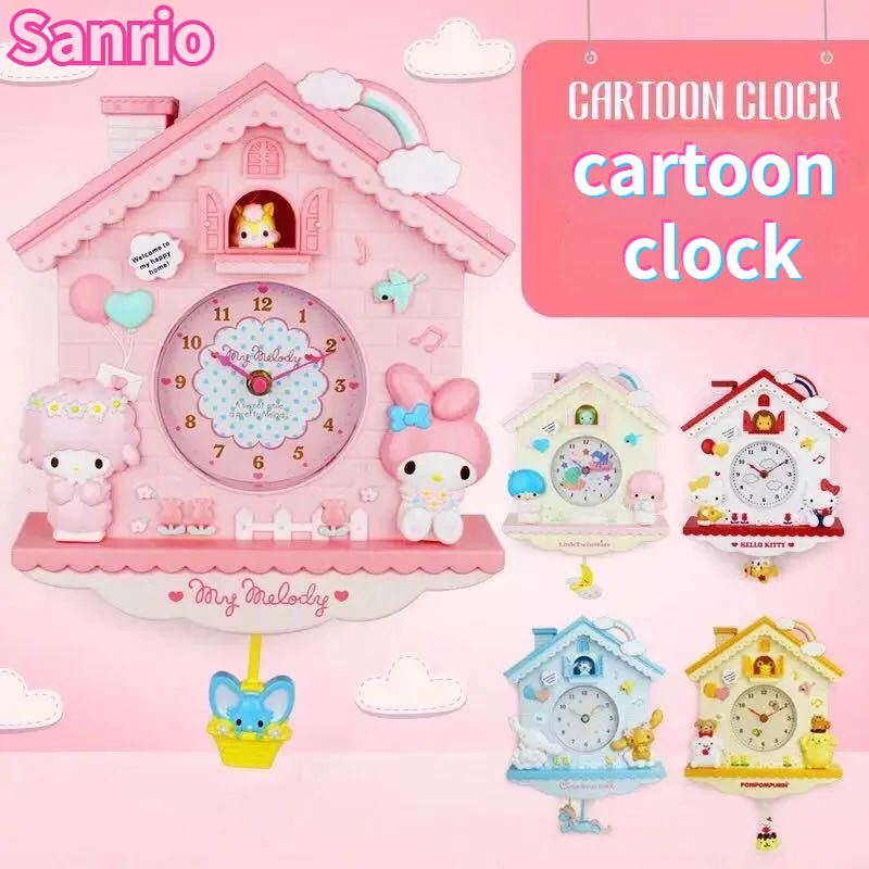 

Sanrio Hellokitty Cinnamoroll Cartoon Cute Battery Swing Wall Clock Wall Clock Bedroom Doll Accessories Music Box alarm student