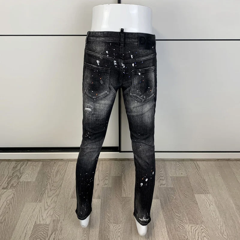Street Fashion Men Jeans High Quality Retro Black Gray Elastic Slim Fit Vintage Ripped Jeans Men Painted Designer Brand Pants