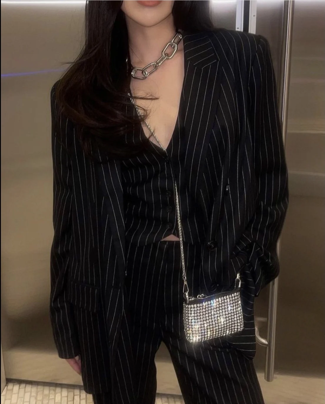 Spring Black Striped Oversized Blazer Women Loose Notched Full Sleeve Suits High Waist Long Flare Pants Halter Tank Tops