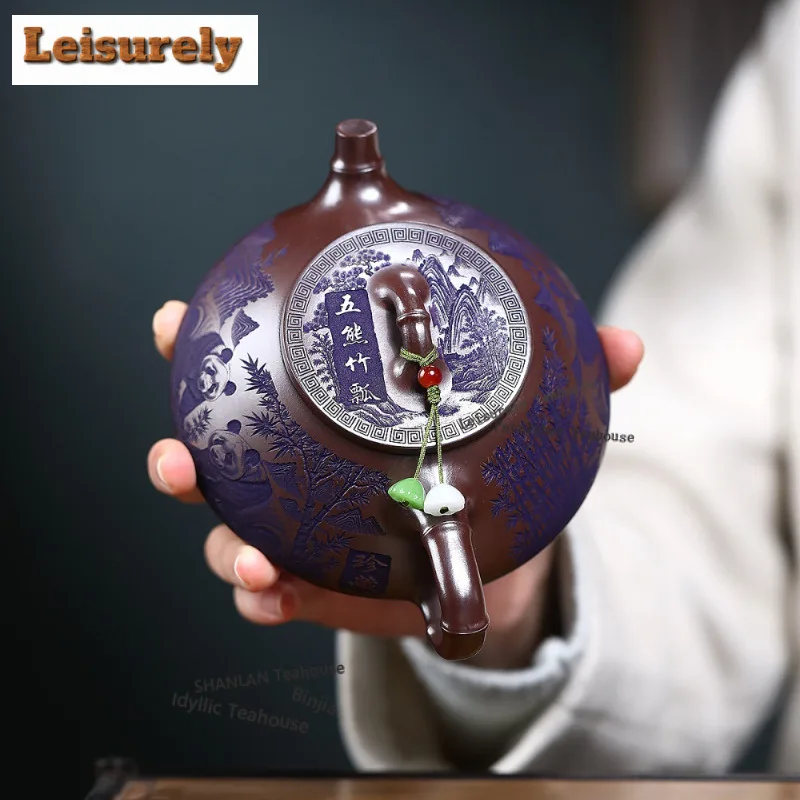 260ml Yixing Purple Clay Teapot Handmade Panda Stone Scoop Pot Raw Ore Stone Red Mud Tea Infuser Kettle With Filter Zisha Teaset