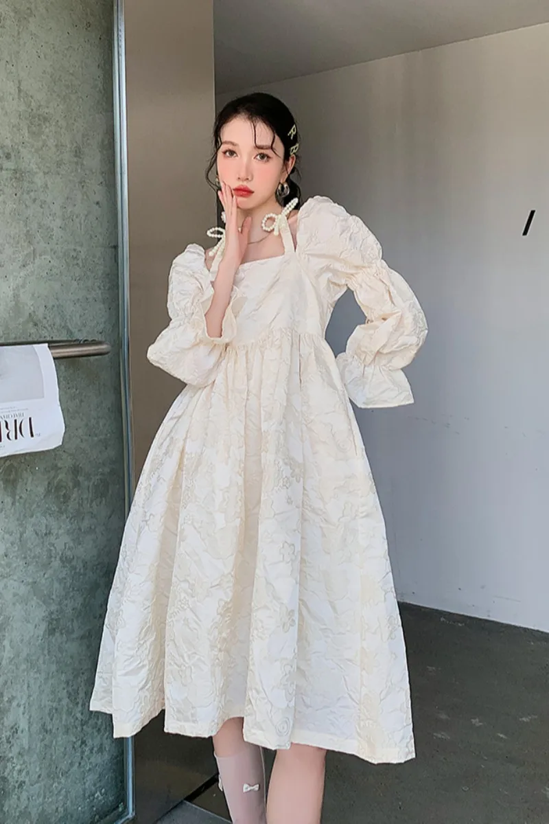 

ZCSMLL 2022 New Spring Summer Solid Color Korean Fashion Dress for Women Square Collar Long Sleeve Vintage Female Dresses