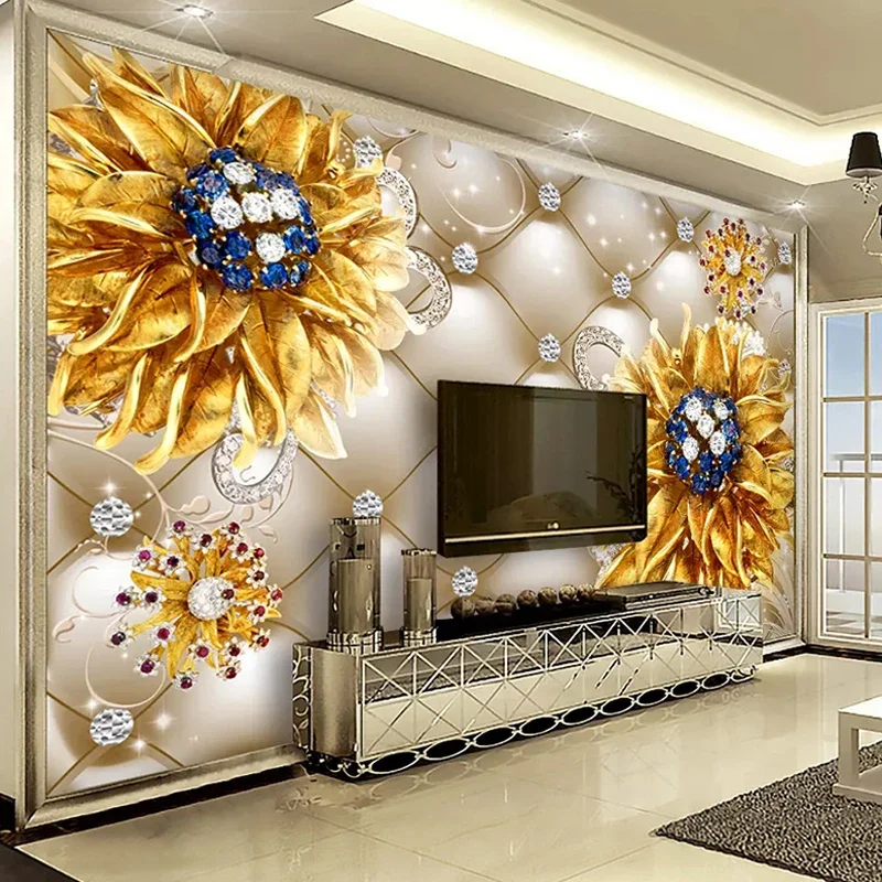 Custom 3D Wallpaper Wall Decals Diamond Golden Flower Soft Pack Painting Living Room TV Background Wall Decoration Mural Paper calla flower round drill diamond painting 30 30cm