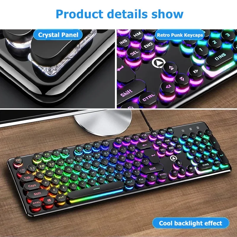 Retro 104 Keys Crystal Panel Gaming Wired Keyboard Round Punk USB Pink Typewriter Game Keyboards for PC Laptop Desktop Gamer