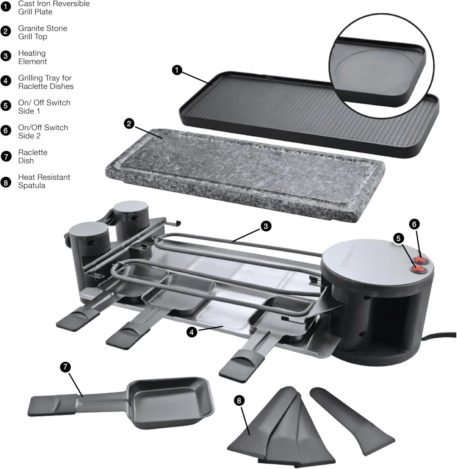 Raclette Party Grill with Granite Stone and Cast Aluminum Non Stick Grill Plate, Black 5